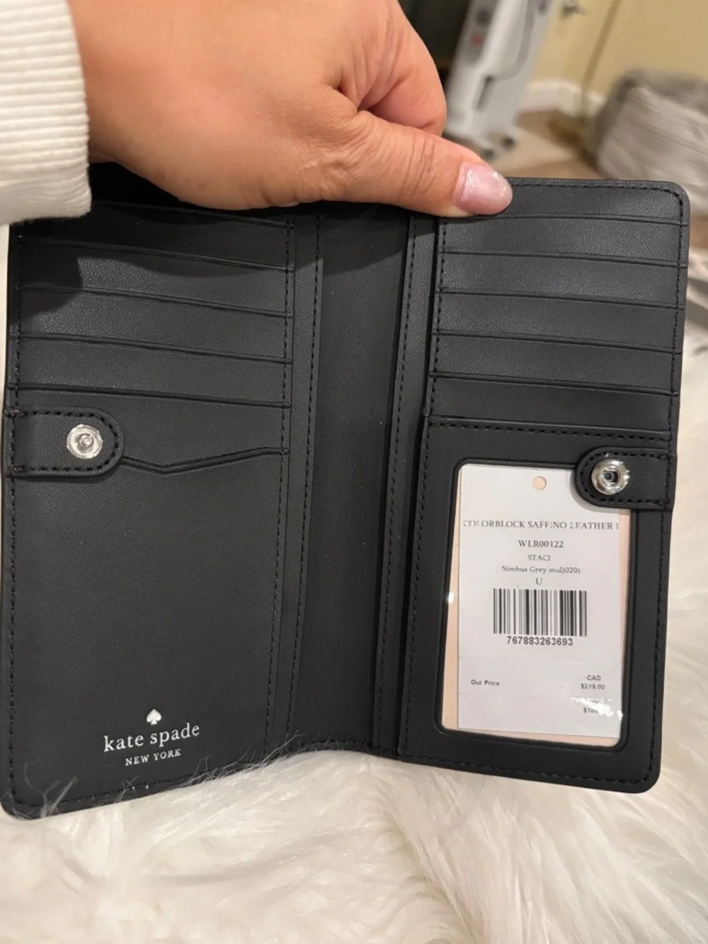 Kate Spade Colorblock Saffiano Leather Wallet in White & Light Gray